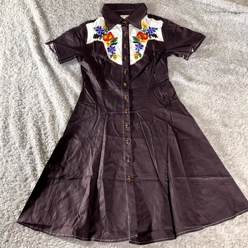 Boozelele A-Line Dress Womens Small Purple Cotton Floral Western Button Front